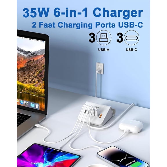 GVDCC -VHBW USB C Charger Block,6 Port 3A and 3C(1Port *USB-C PD20W Fast) Multiple USB Charging Station, USB-C Charging Plug for iPhone 15/15pro/14/13/12,Samsung Galaxy S23/S22/S21,etc(6USB-3A3C-Whit