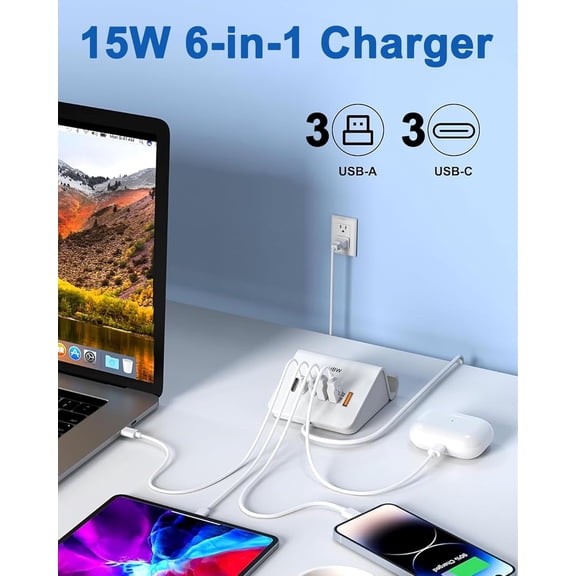 GVDCC -VHBW USB Charging Station, 6 Port 3USB-A and 3USB-C Charging Station for Multiple Devices, Multi USB Nightstand Charger Station with Phone Stand (ETL Listed, 6Ft Extension Cord, White)