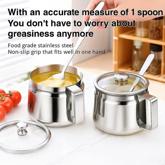 GVDCC-WPffv Ghee Container with Iid and Spoon Pot, 800mL Large Ghee Pot Kitchen with Handle, Stainless Steel Oil Container with Lid for Pooja Items