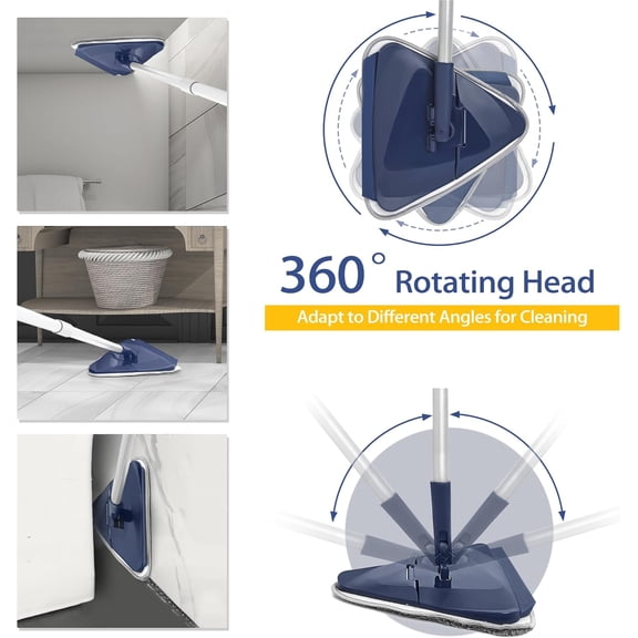 GVDCC-Wall Cleaner Mop with 82" Handle, 360 Rotating Triangle Head and Microfiber Pads, Built-in Squeegee for Ceiling Mop, Baseboard Cleaning and Windows