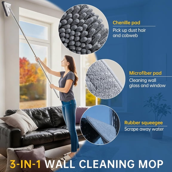 GVDCC-Wall Cleaner Mop with Long Handle, Wall Duster with Extension Pole, Dust Mop with 6 Reusable Pads, 3-in-1 Wall Cleaner for Wall, Ceiling, Window, Baseboard, Floors