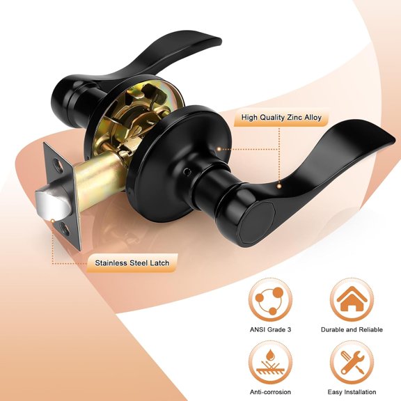 GVDCC-Wave Shape Passage Door Lever Black Keyless Handle for Hall and Closet, Interior Non-Locking Leverset Handleset Hardware,Reversible for Right and Left Handed Doors,1 Pack