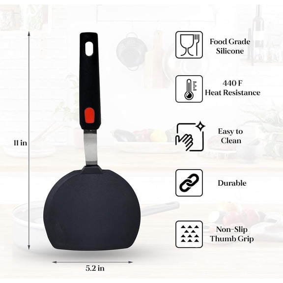 GVDCC-Wide Silicone Pancake Spatula  Large Heat-Resistant Turner for Cooking | Nonstick Safe | Stainless-Steel Reinforced Core & Easy-Grip Handle