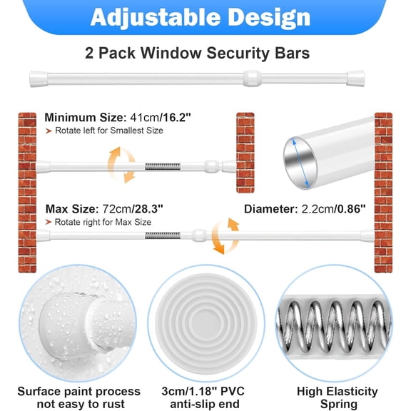 GVDCC-Window Security Bar 2 Pack, Adjustable Sliding Lock for Sliding Glass Doors, Safety Bars with Rubber Tips, Tension Rods 16.2"-28.3", 1.2'' Diameter for Windows & Patio Doors