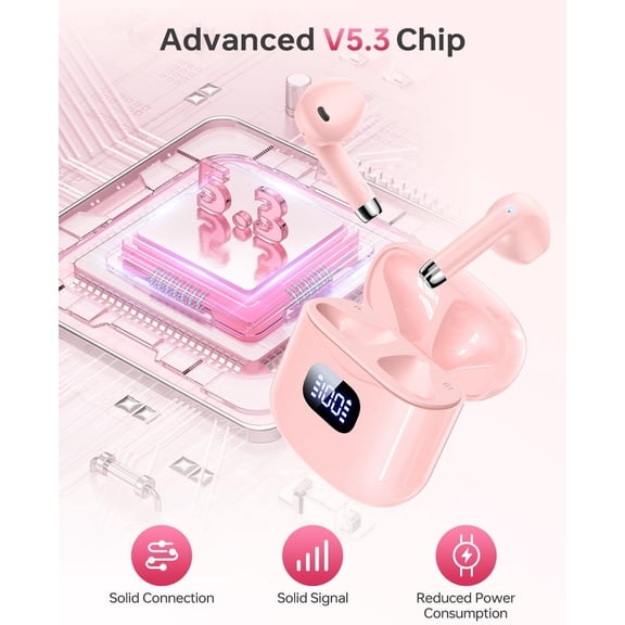 GVDCC -Wireless Earbuds Bluetooth 5.3 Headphones, 40Hrs Playback Stereo Ear Buds with LED Display Charging Case IPX7 Waterproof in-Ear Earphones with Mic for Phone Tablet Laptop Sports, Pink