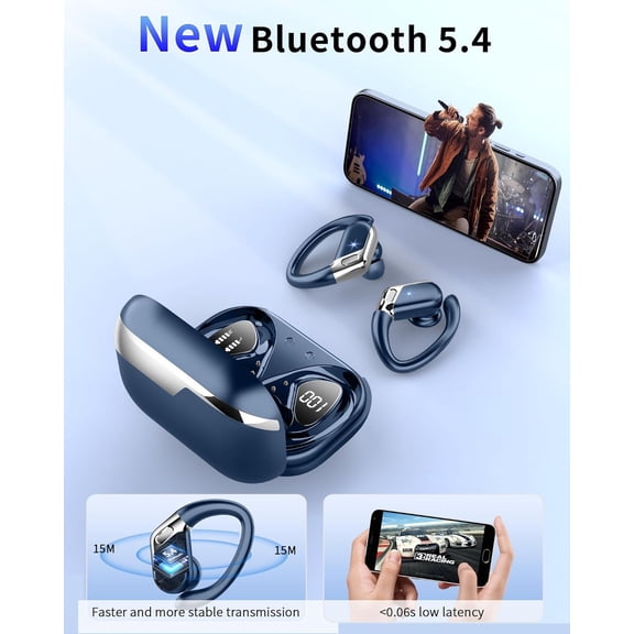 GVDCC -Wireless Earbuds, Bluetooth 5.4 Headphones Sport, 50H Deep Bass Sound Over Ear Buds with 4 ENC Noise Cancelling Mic, Dual LED Display, IP7 Waterproof Earphones with Earhook for Workout, Green