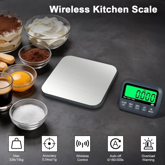 GVDCC-Wireless Food Scale, 33lb/0.04oz Digital Kitchen Scale, Meat Scale with Timer Function, 9 Units, Tare/Hold/PCS Function, Auto Off, LCD Display, Digital Food Scale for Cooking, Baking, Postage