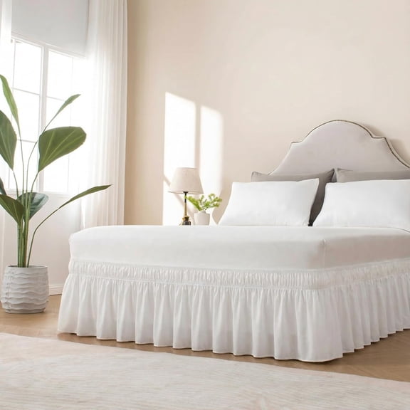 GVDCC-Wrap Around Ruffled Lace Bed Skirt, Elastic Dust Ruffle with Adjustable Belts, Easy to Put On, Bed Frame Cover, Machine Washable (Classic/White, King/Queen-15 Drop)