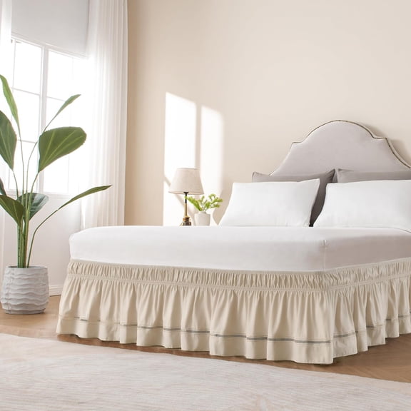 GVDCC-Wrap Around Ruffled Lace Bed Skirt, Elastic Dust Ruffle with Adjustable Belts, Easy to Put On, Bed Frame Cover, Machine Washable (Ruffled Lace/Beige, Full/Twin-12.5" Drop)