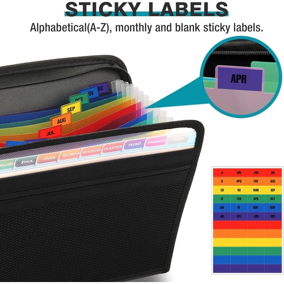 GVDCC-Zippered Accordion File Organizer with Front Mesh Pouch, 13 Pocket Expanding File Folder, Fit for Documents Letter Size A4 Papers, Black