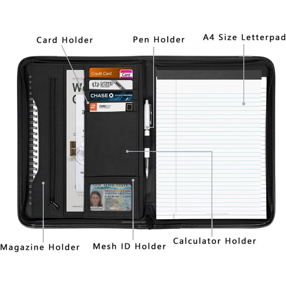 GVDCC-Zippered Portfolio Organizer/ A4 Refillable Lined Writing Notepad Folder Case/Textured UltraHyde-Covered Padfolio Binder with Interior Storage Pocket for Men Women.Textured UltraHyde Black