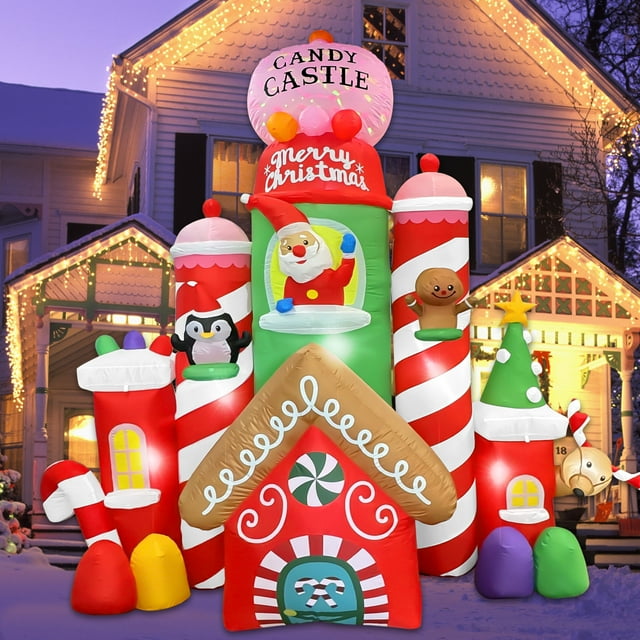 GVDV 10 FT Christmas Inflatable Candy Castle with Santa, Reindeer, Penguin, and Gingerbread - LED Lit Outdoor Yard Decoration, Perfect for Holiday Season