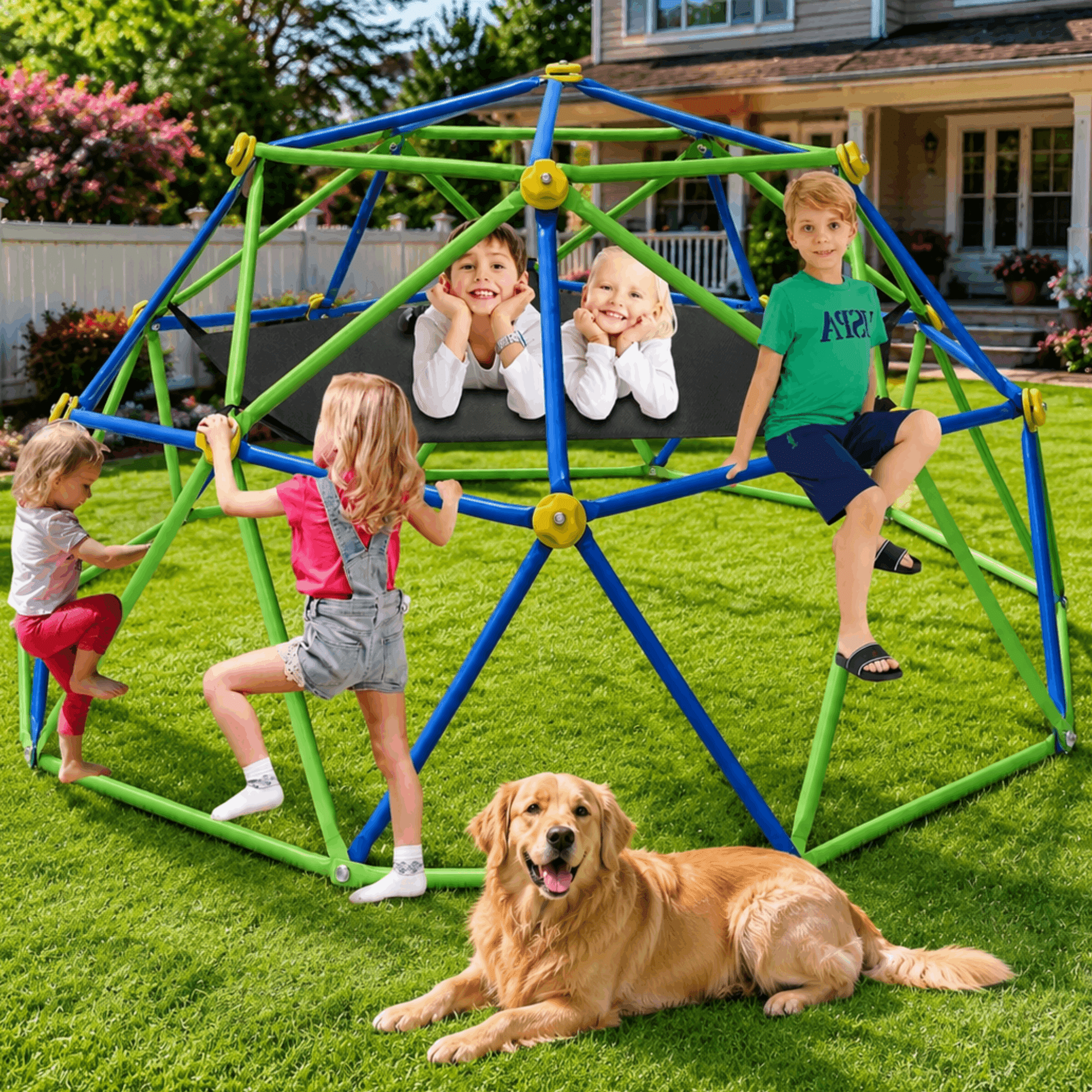 GVDV 10FT Climbing Dome, Outdoor Rust-Resistant Climber Jungle Gym with Hammock for Kids, Easy Assembly, Supports 1000 lbs
