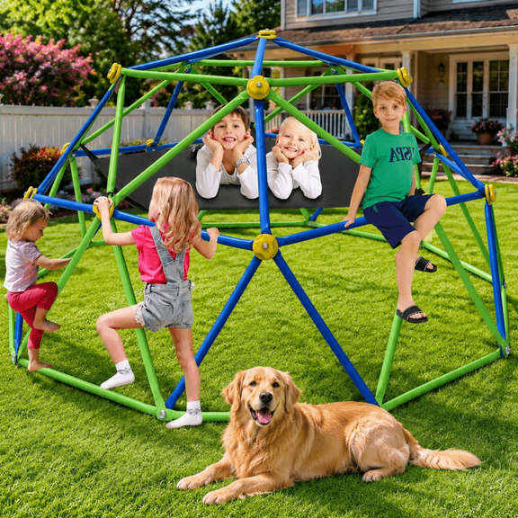 GVDV 10FT Climbing Dome, Outdoor Rust-Resistant Climber Jungle Gym with Hammock for Kids, Easy Assembly, Supports 1000 lbs