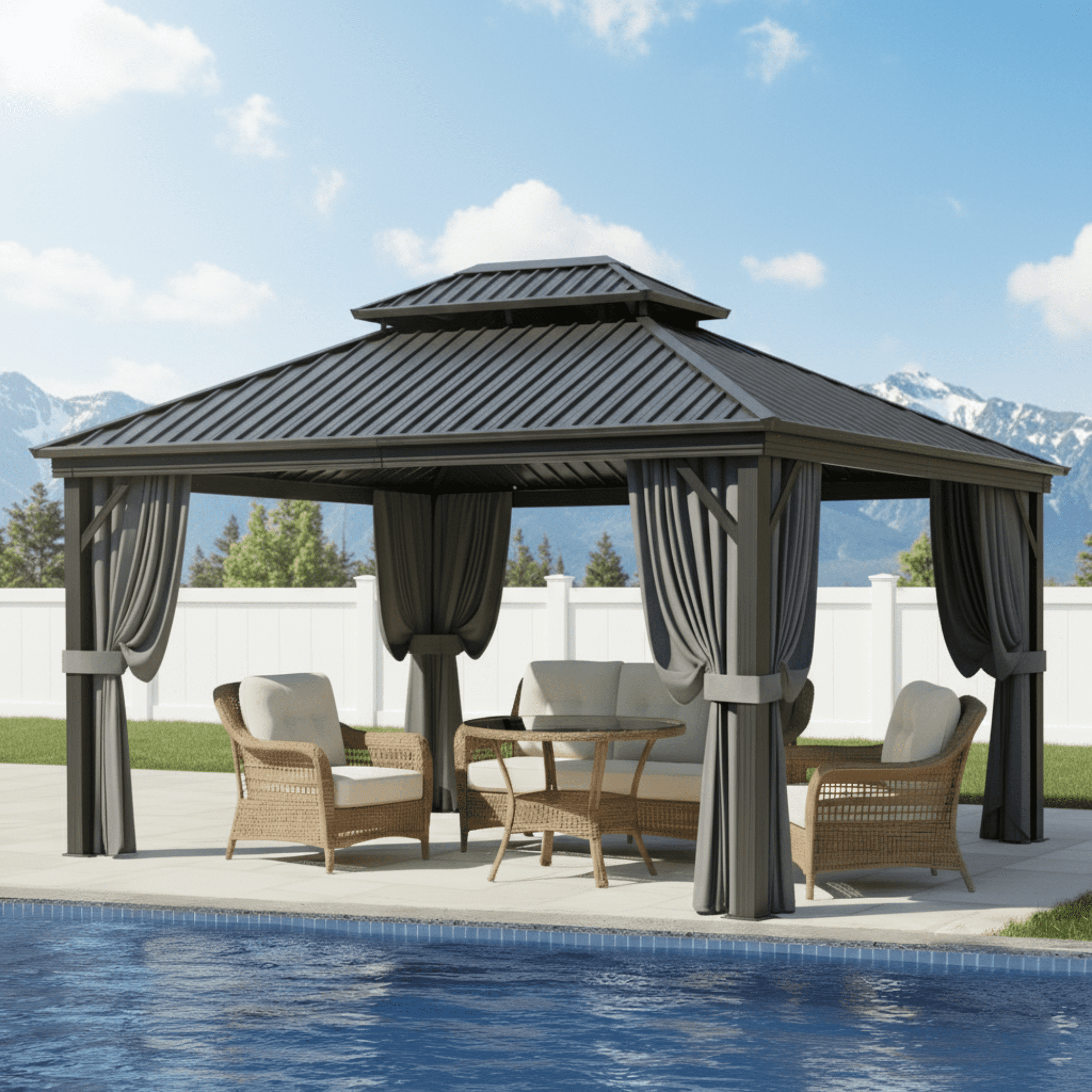 GVDV Hardtop Gazebo, 10'x12' Outdoor Double Galvanized Roof Canopy, Aluminum Frame Pavilion with Curtains and Nettings