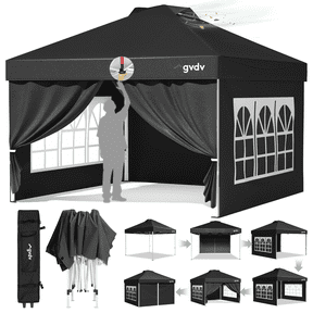 GVDV 10x10 Pop Up Canopy Tent with One Push Setup, Portable Sun Shade Tent, Instant Easy Up Canopy with 4-Sidewalls & Wheeled Bag, Outdoor Fldable Gazebo with Vent Top, Black