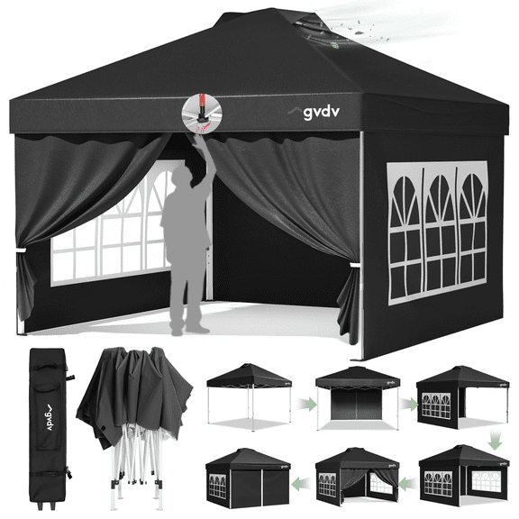 GVDV 10x10 Pop Up Canopy Tent with One Push Setup, Portable Sun Shade Tent, Instant Easy Up Canopy with 4-Sidewalls & Wheeled Bag, Outdoor Fldable Gazebo with Vent Top, Black