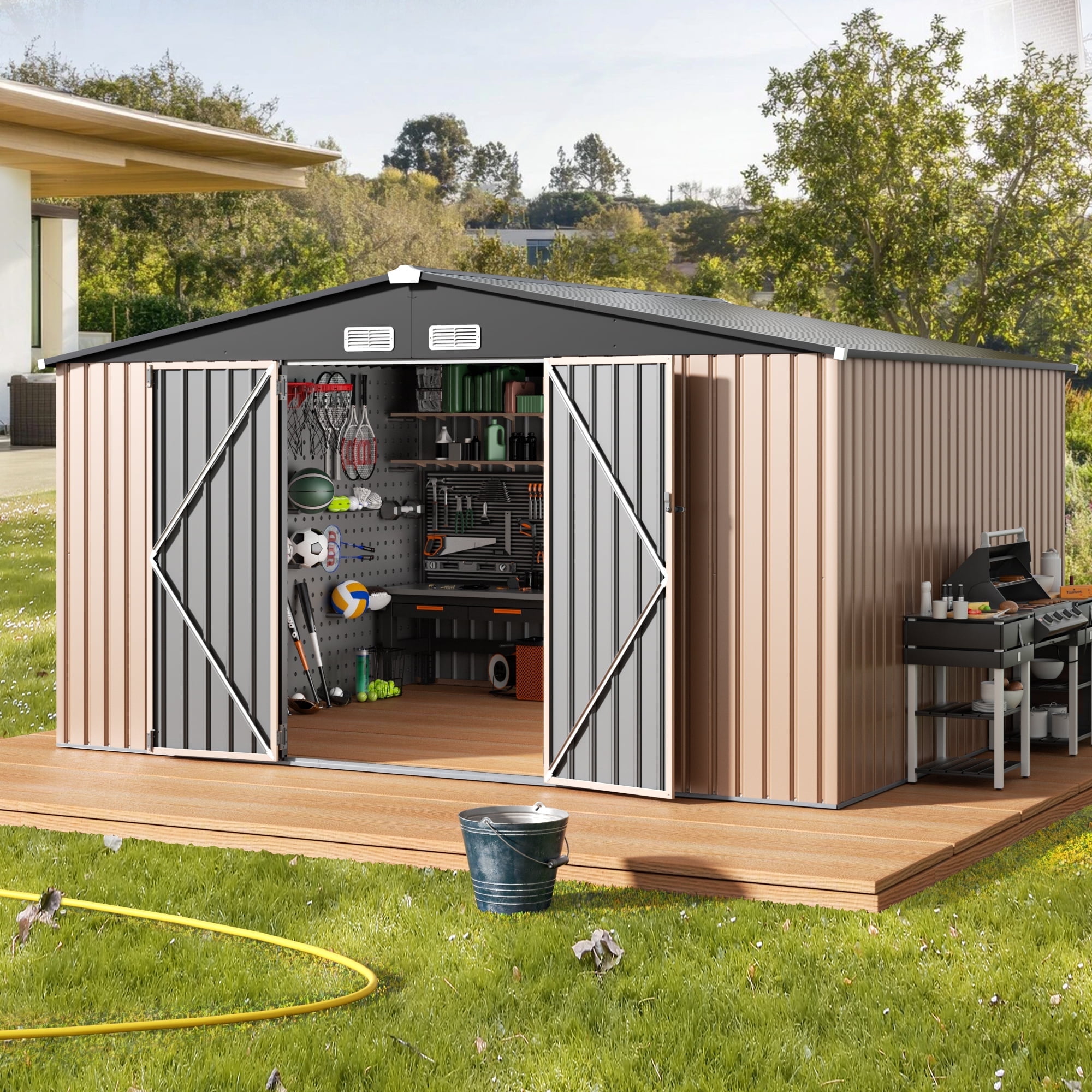 GVDV 10x12 FT Outdoor Metal Storage Shed, Durable Garden Shed with