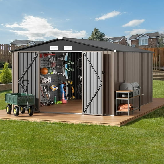 GVDV 10x14 FT Outdoor Metal Storage Shed, Durable Garden Shed with Updated Frame Structure for Backyard, Patio, Tool Storage, All-Weather Shelter for Bike, Gardening Tools, Lawn Mowers