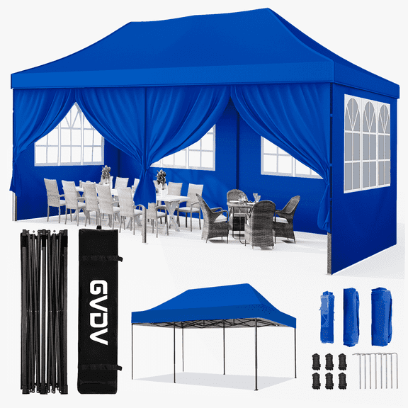 GVDV 10x20 Pop up Canopy with 6 Removable Sidewalls, Outdoor Canopy Tents for Partie Wedding, Instant Sun Protection Shelter with Upgrade Raised Roof and Carry Bag, Blue