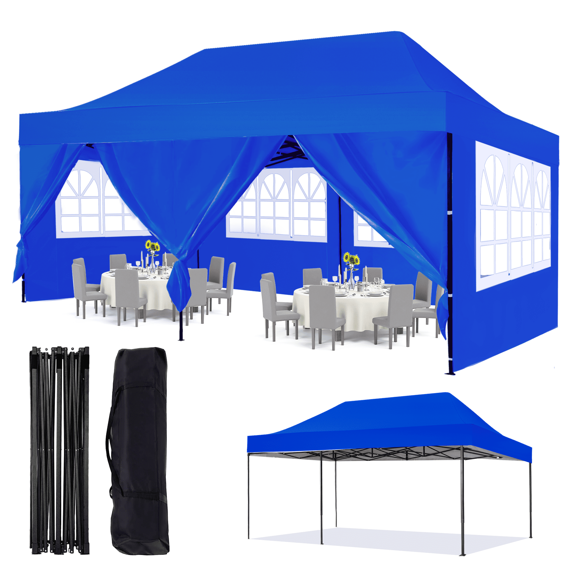 GVDV 10x20 Pop up Canopy with 6 Removable Sidewalls, Outdoor Canopy Tents for Partie Wedding, Instant Sun Protection Shelter with Upgrade Raised Roof and Carry Bag, Blue