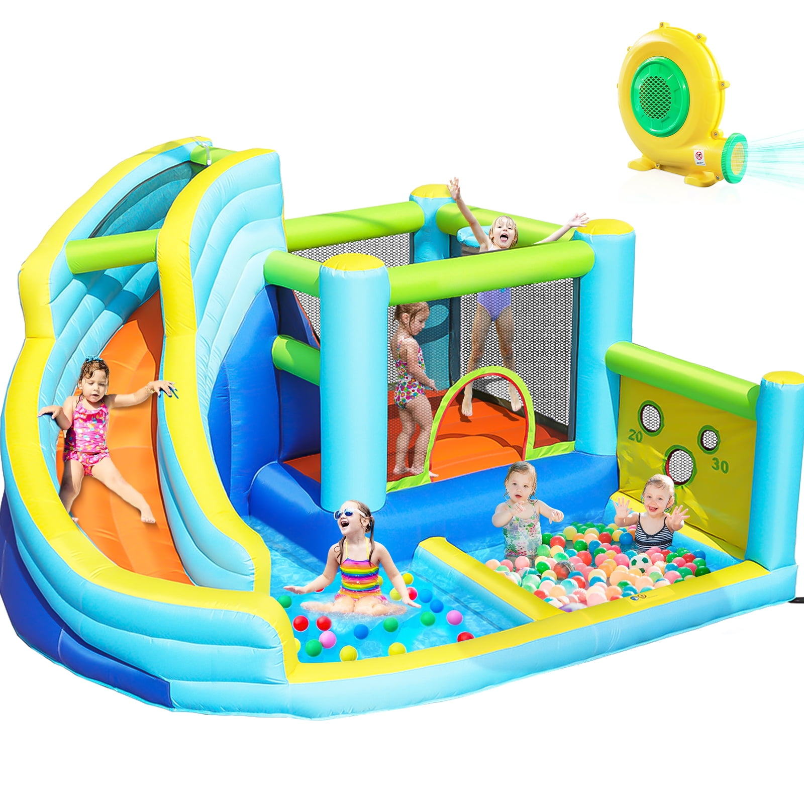 Walmart Coupons of GVDV 12FT Inflatable Bounce House with Water Slide, Ball Shooting, Climbing Wall, Splash Pool & 450W Air Blower for Kids Outdoor Fun