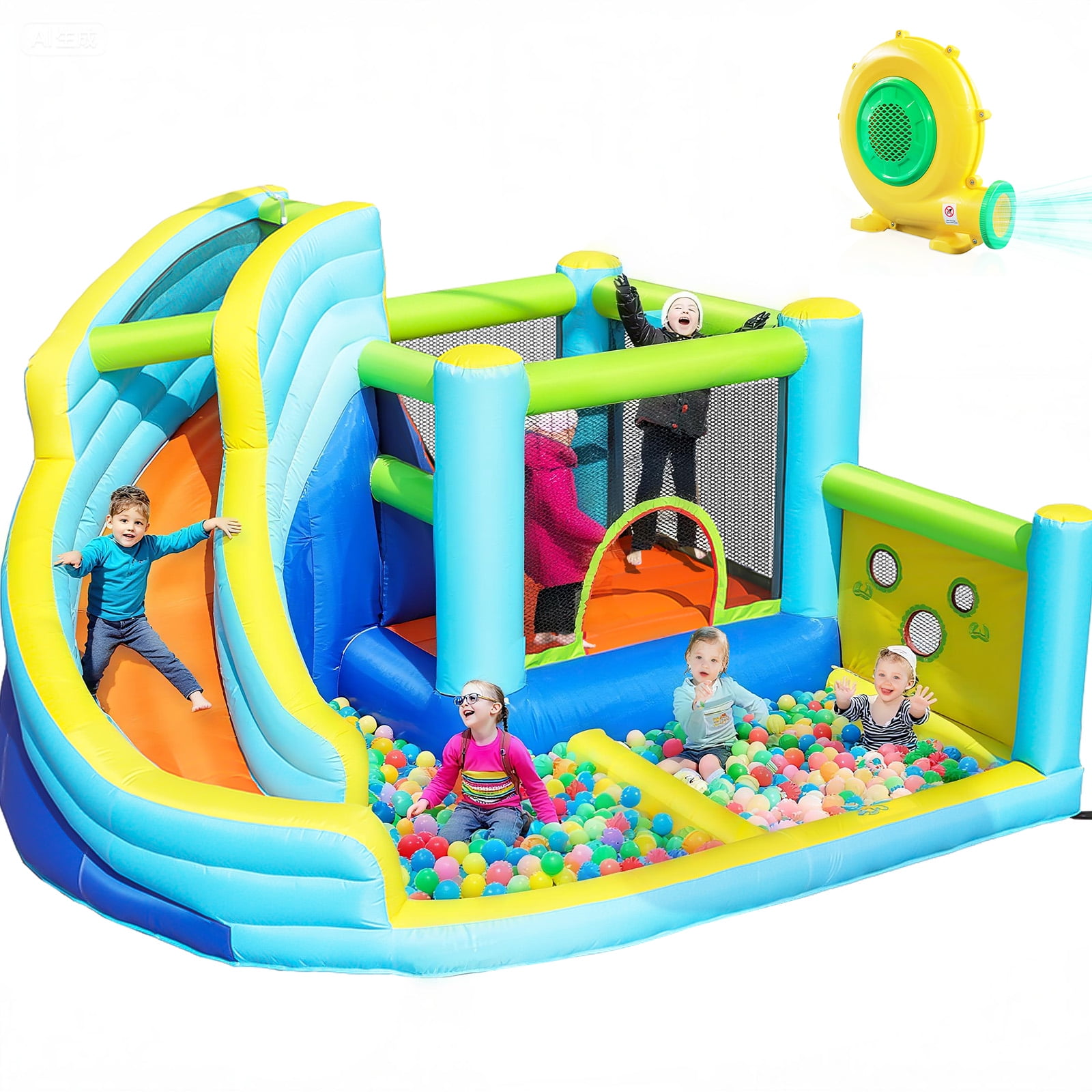 GVDV 12FT Inflatable Bounce House with Water Slide, Ball Shooting, Climbing Wall, Splash Pool & 450W Air Blower for Kids Outdoor Fun