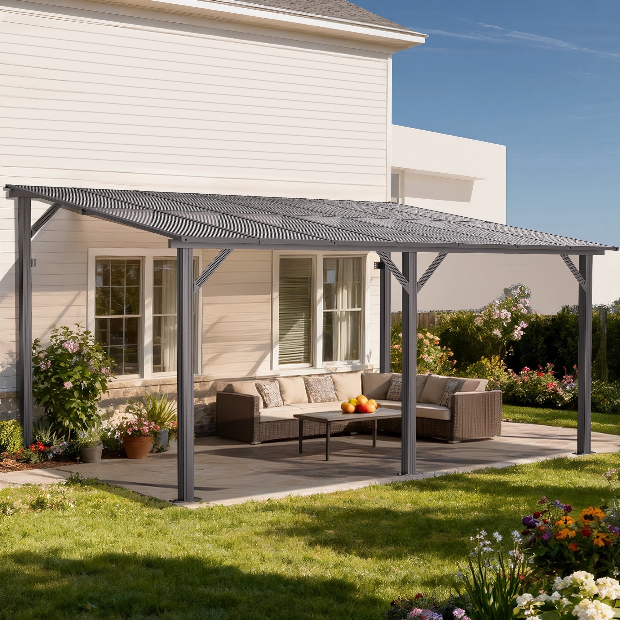GVDV 14' x 10' Hardtop Gazebos Pergola, Heavy-Duty Outdoor Wall Mounted Gazebos with Aluminum Frame and Thickened columns for Patio,Backyard,Garden