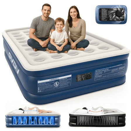 GVDV 18" Queen Air Mattress with Built-in Pump, Raised Inflatable Air Bed for Guests & Home, Comfortable Blow-up Mattress, Upgraded 4-Chamber Design, Supports up to 660 lbs