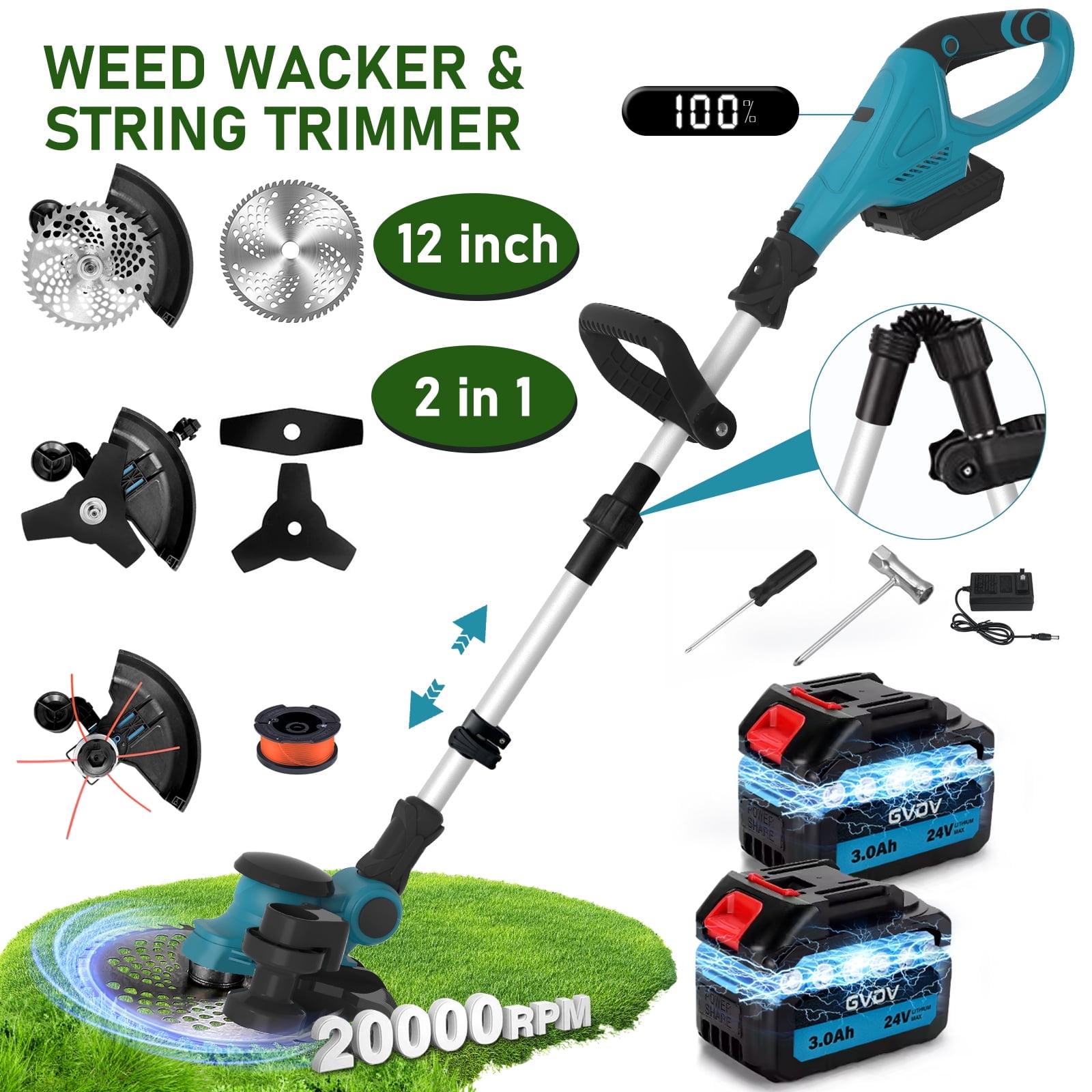 GVDV 2 in 1 Weed Wacker and String Trimmer, BLDC Motor, 2 Pcs 24V Batteries, 3 Blades, Adjustable Length - Lightweight Lawn Edger \u0026 Brush Cutter for Yard and Garden