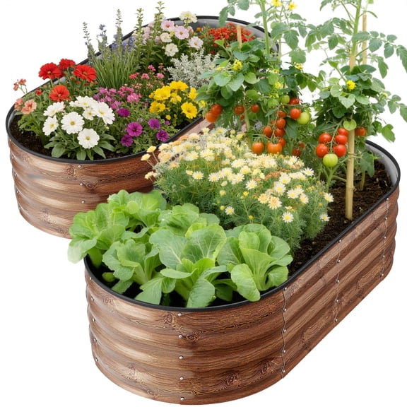 GVDV 2 Pack Raised Garden Bed Outdoor, 4x2x1ft Backyard Oval Metal Planter Box with Easy Assembly, for Gardening Vegetables, Fruits, Flowers - Brown