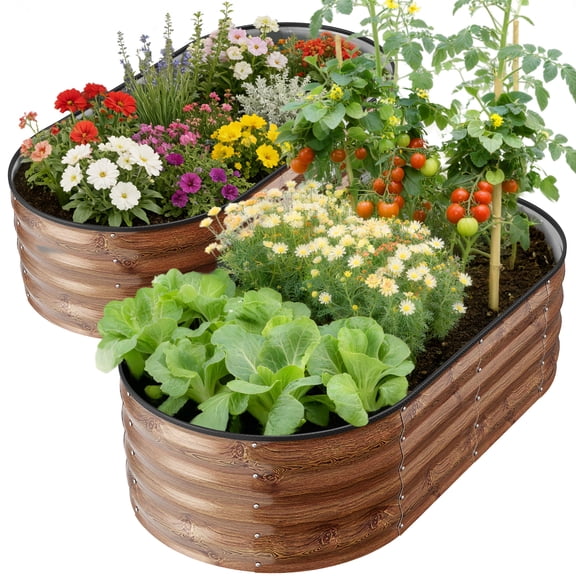 GVDV 2 Pack Raised Garden Bed Outdoor, 4x2x1ft Backyard Oval Metal Raised Bed with Easy Assembly, Garden Bed for Gardening Vegetables, Fruits, Flowers - Brown