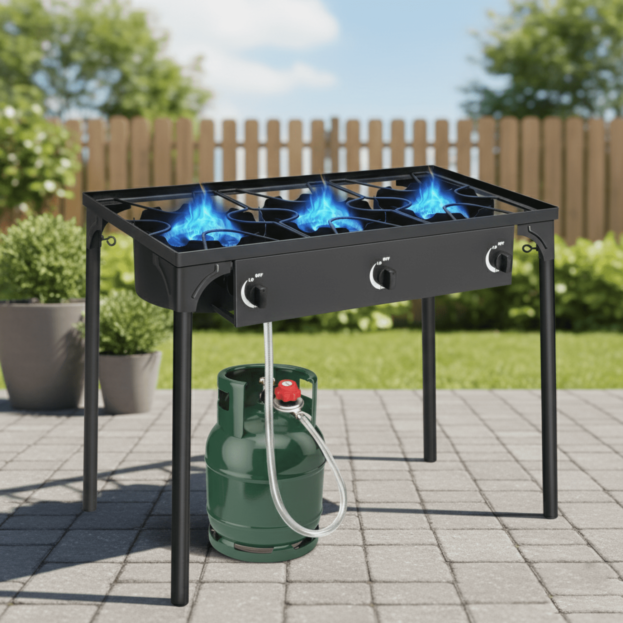 GVDV 3-Burner Propane Camping Stove, Gas Stove for Outdoor Cooking BBQ, 225,000 -BTU, 20 PSI Regulator, High Pressure, Heavy Duty, Black