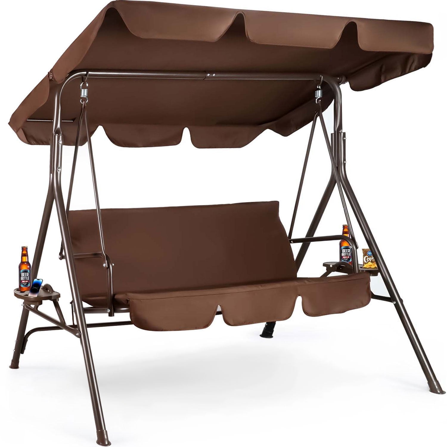 Walmart discount codes: GVDV 3-Seat Outdoor Patio Steel Porch Swing with Canopy, Utility Tray and Removable Cushion, Brown