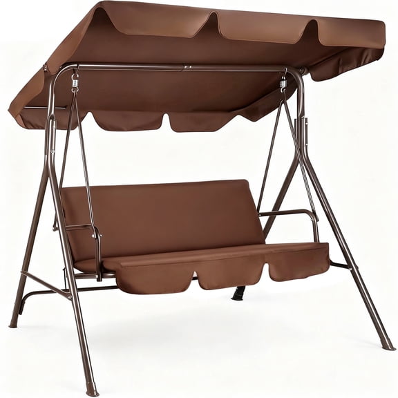 GVDV 3-Person Patio Swing with Adjustable Canopy & Removable Cushion, Heavy-Duty Steel Frame Porch Swing Chair for Backyard, Garden, Deck (Brown)