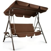 GVDV 3 Person Porch Swing, Patio Swing with Removable Cushion & Powder-Coated Steel Frame, Outdoor Swing with Canopy for Porch, Backyard, Garden, Balcony (Brown)