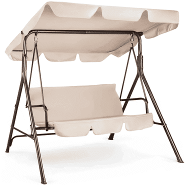 GVDV 3-Seat Porch Swing,Patio Swing Chair with stand, Outdoor Porch Swing for adults with Adjustable Canopy for Patio, Garden, Poolside-White