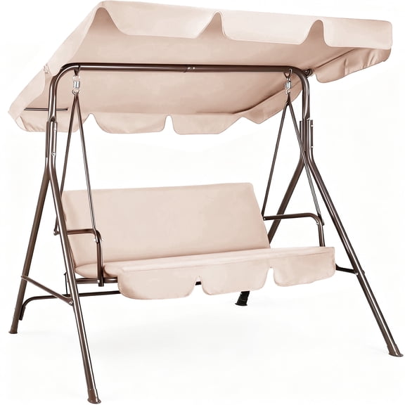 GVDV 3-Seat Steel Porch Swing with Adjustable Canopy and Cushions, Beige