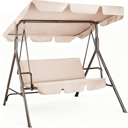 GVDV Outdoor Porch Swing,3 Seat Steel Patio Swing Chair with Adjustable Canopy for adults,Patio,Garden,Poolside-Beige