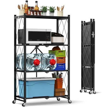 GVDV 4-Tier Metal Storage Shelf,28"Wx13"Dx 49"H Foldable Shelving Unit with Wheels for Garage, Kitchen