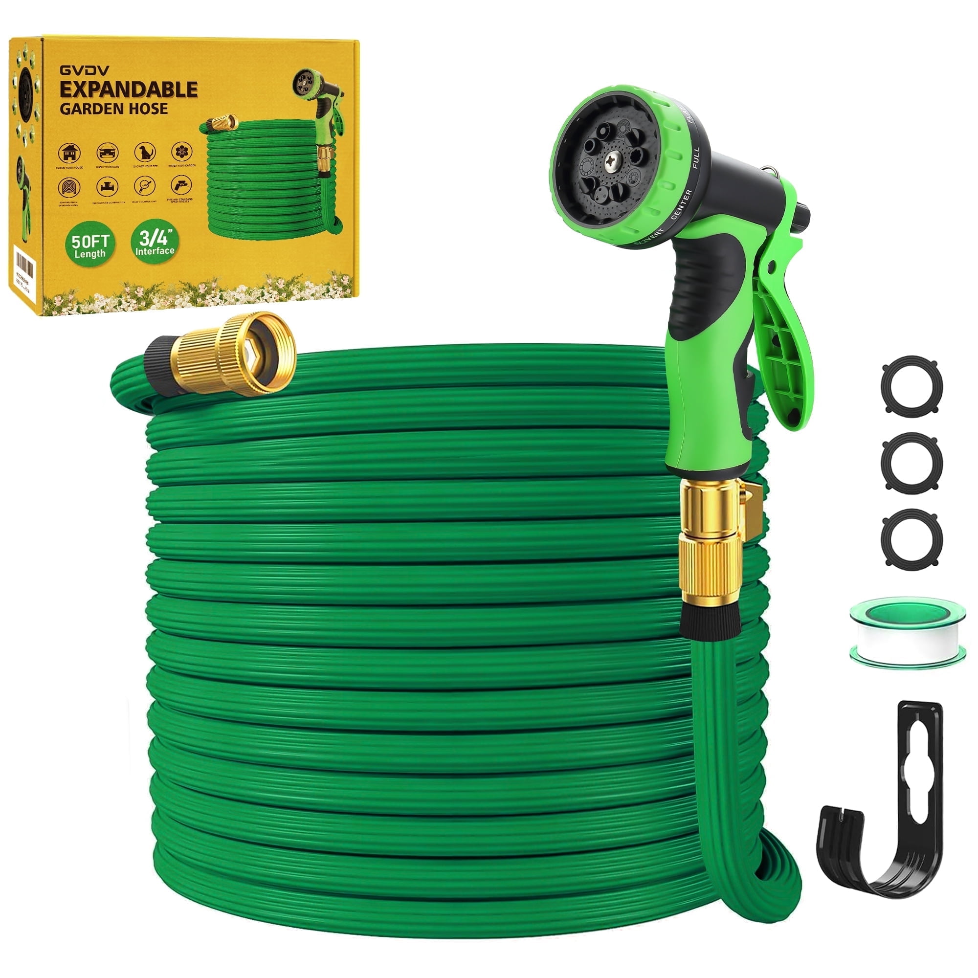GVDV Garden Hose, 50ft Expandable Water Hose with Spray Nozzle, No-Kink,  Leak-Proof, Heavy Duty, 190Psi