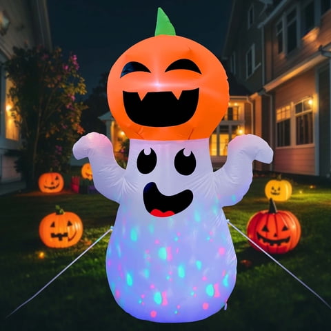 GVDV 5Ft Halloween Inflatable Pumpkin Ghost with 360 Rotating Colorful LED Lights, Cute Indoor/Outdoor Decor for Party, Yard, Lawn