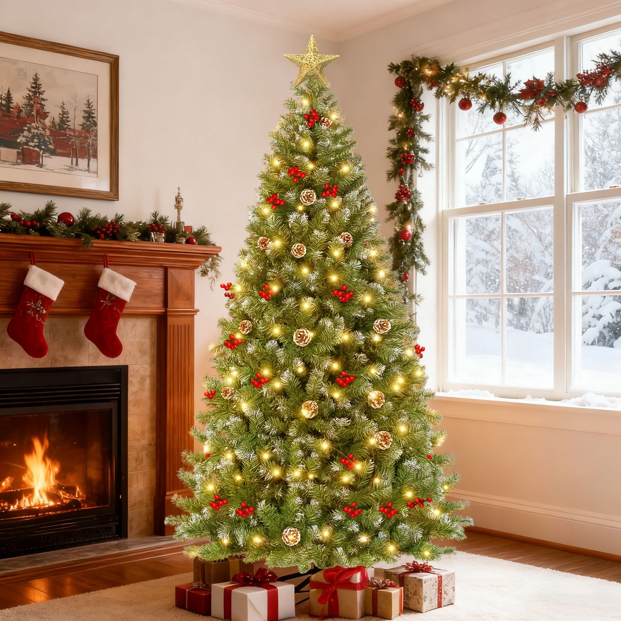 GVDV 6FT Pre-Lit Berry Christmas Tree, Artificial Snowflake Christmas Tree with 300LED Warm White Lights, Pine Cones & Top Star, Xmas Holiday Decor, Metal Hinges Easy Assembly