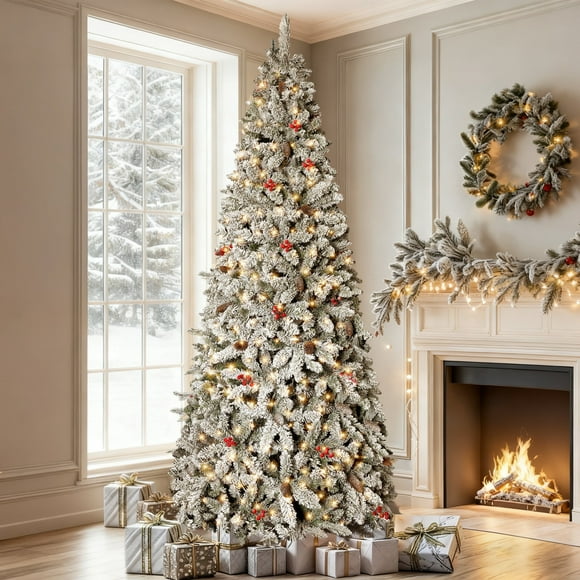 GVDV 7.5ft Pre-Lit Snow Flocked Christmas Tree, Pencil Artificial Berry Christmas Tree with Pinecones, Red Berries, Warm White Lights, for Home, Office and Party Decor, Metal Hinges Easy Assembly