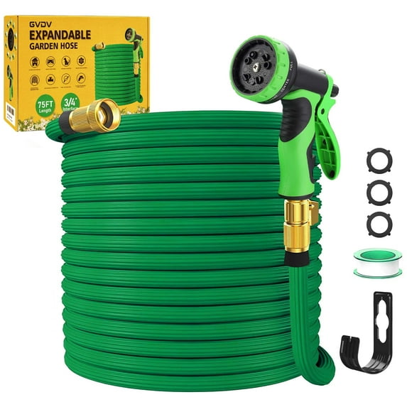 GVDV Garden Hose, 75ft Expandable Water Hose with Spray Nozzle, No-Kink, Leak-Proof, Heavy Duty, 190Psi