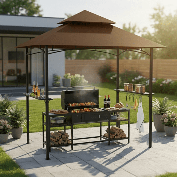 GVDV 8'x 5' Grill Gazebo Canopy, Outdoor BBQ Gazebo Shelter with 2 Side Shelves & Double-Tiered Top