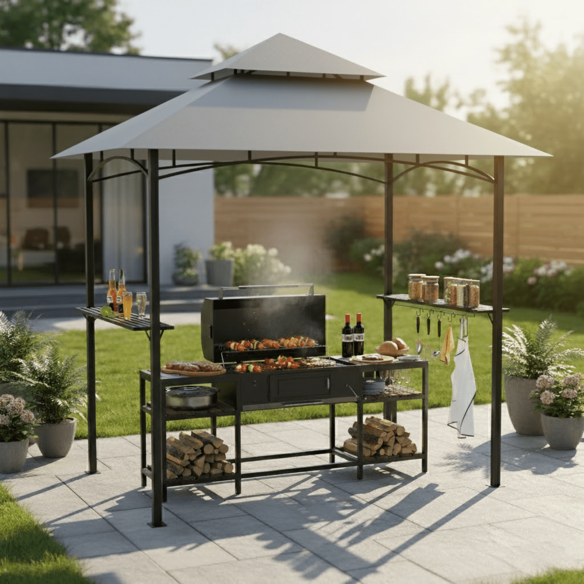 GVDV 8'x 5' Grill Gazebo Canopy, Outdoor BBQ Gazebo Shelter with 2 Side Shelves & Double-Tiered Top