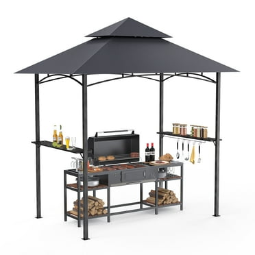 GVDV 8'x 5' Grill Gazebo Canopy, Outdoor BBQ Gazebo Shelter with 2 Side Shelves & Double-Tiered Top