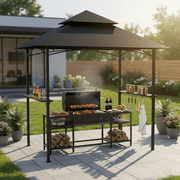 GVDV 8'x 5' Grill Gazebo Canopy, Outdoor BBQ Gazebo Shelter with 2 Side Shelves & Double-Tiered Top