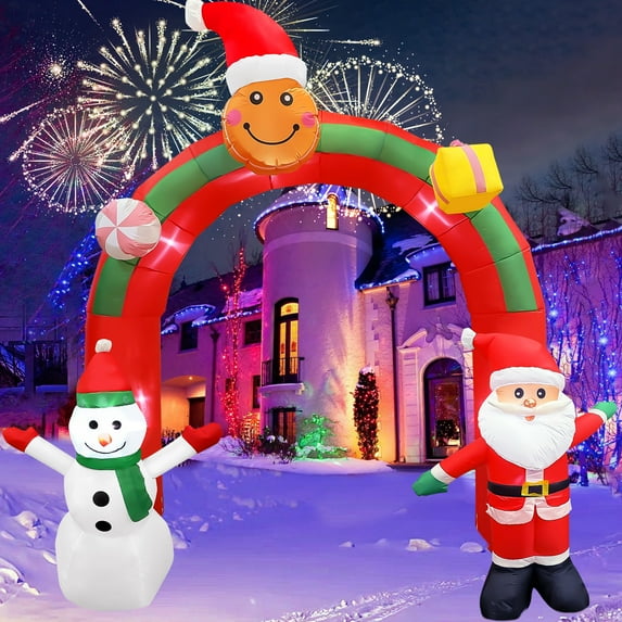 GVDV 9 FT Christmas Inflatables Archway, Santa Claus & Snowman Rainbow Archway for Outdoor, Lawn, Garden, Yard, Party Holiday Decorations